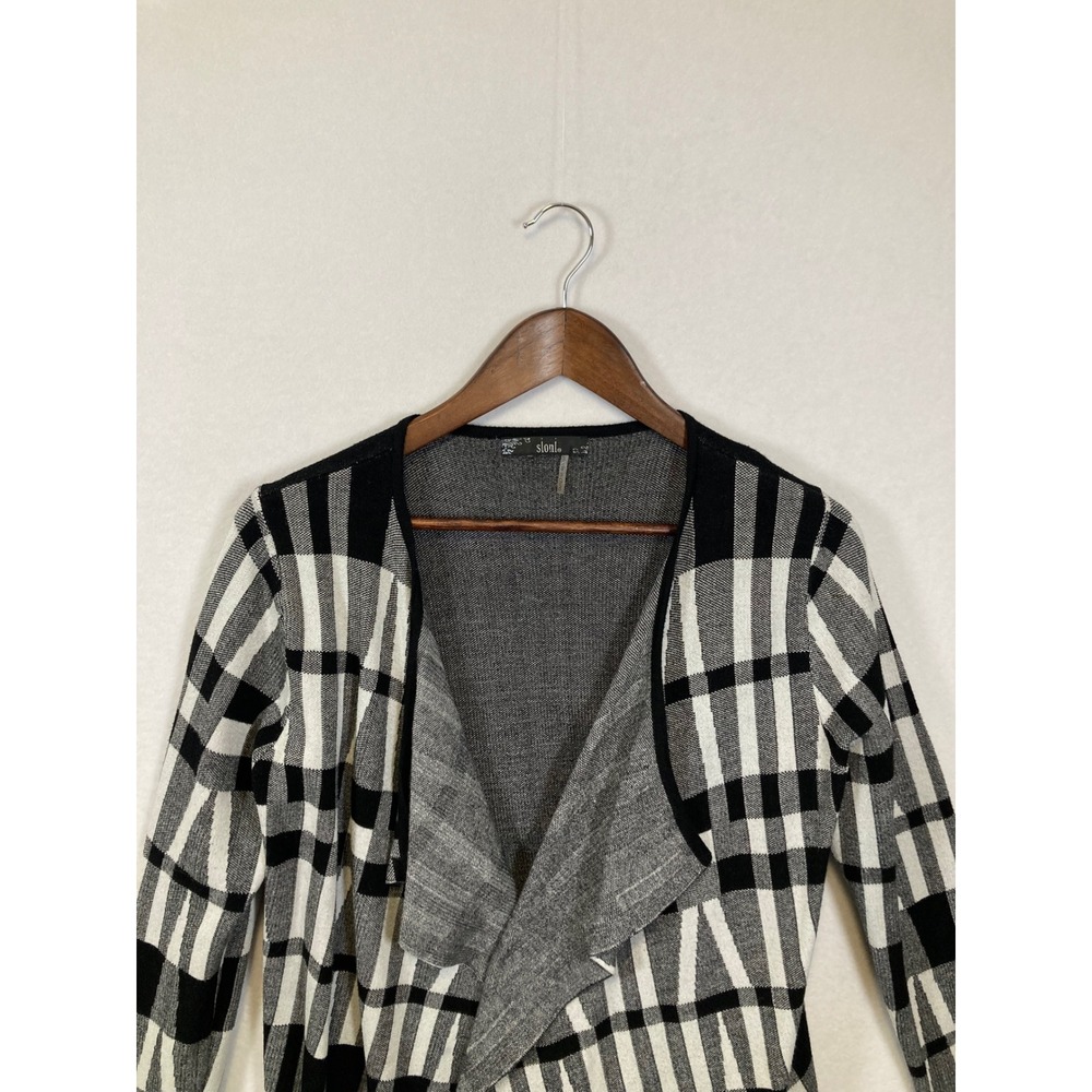 Slonl Plaid Waterfall Cardigan Black White Grey Open‎ Front Long Sleeve Women - Picture 4 of 8